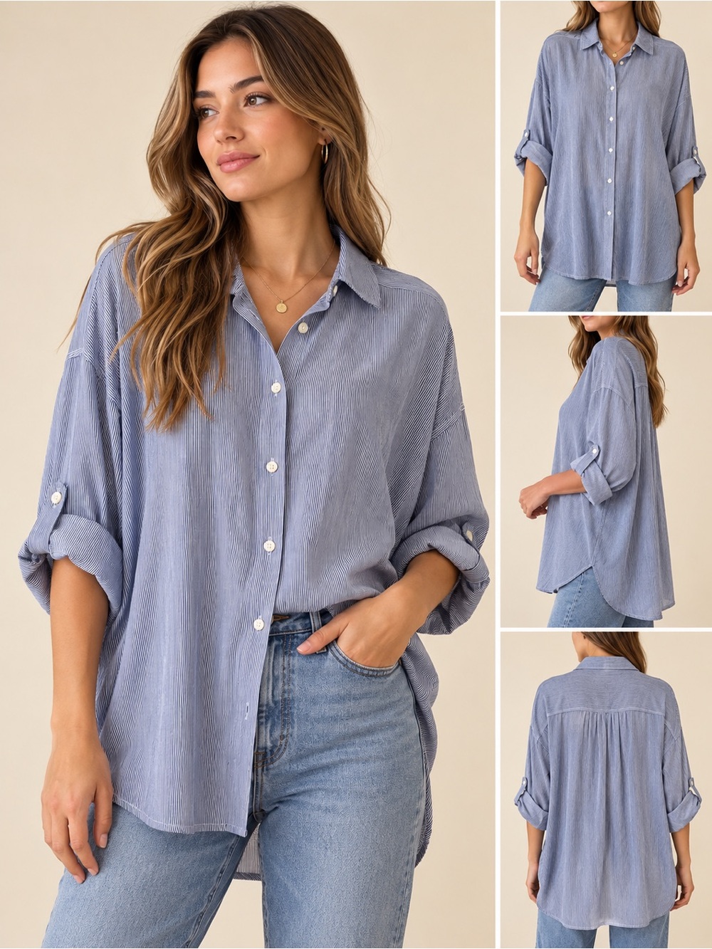 Max Studio London Blue White Striped Oversized Button Down Shirt XL